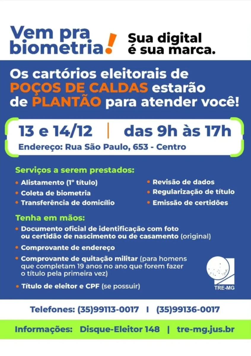 Cartórios eleitorais de Poços de Caldas terão plantão para atendimento nos dias 13 e 14 de dezembro