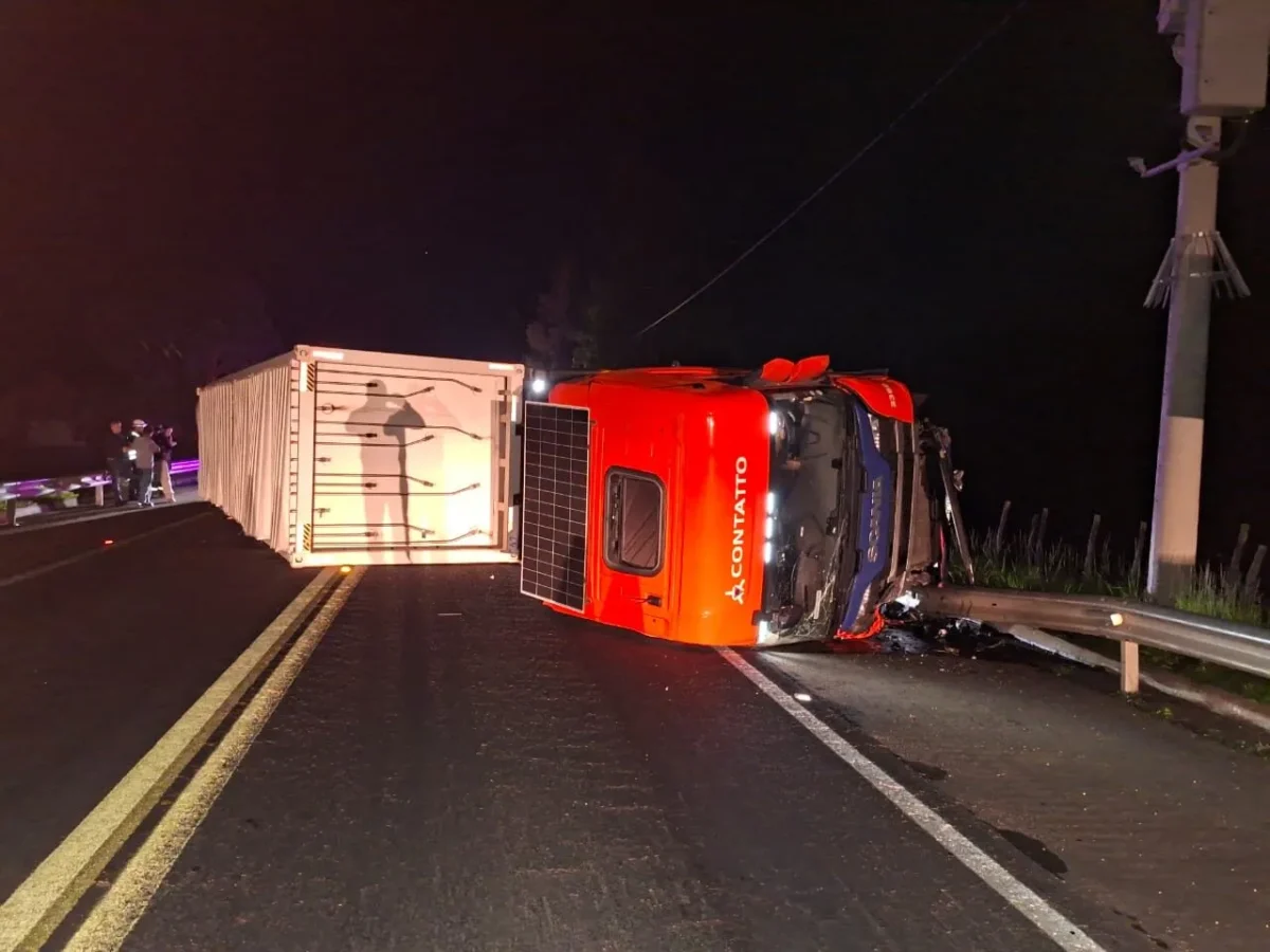 VÍDEO: Motorista atropela capivara e colide com caminhão de Poços de Caldas, que tomba com 10 toneladas de GNV na BR-459